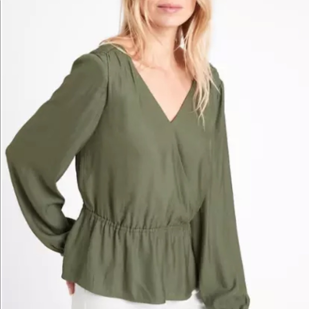 BR olive green faux wrap peplum long sleeve top